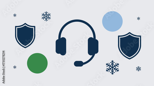 Headset with microphone between two shields and snowflakes with green and blue circles around it