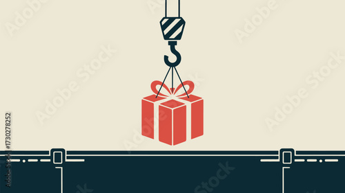 A graphic illustration of a crane lifting a red gift box with a bow on a beige and dark blue background