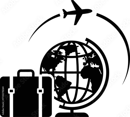 Airplane flying around a globe with a suitcase, travel and tourism symbol. Vacation trip or journey concept. Vector icon for app, banner