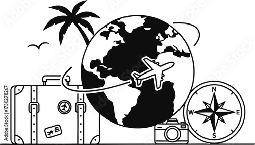 Travel with airplane around world globe, suitcase, compass, camera, palm tree. Global journey concept. Black and white vector illustration
