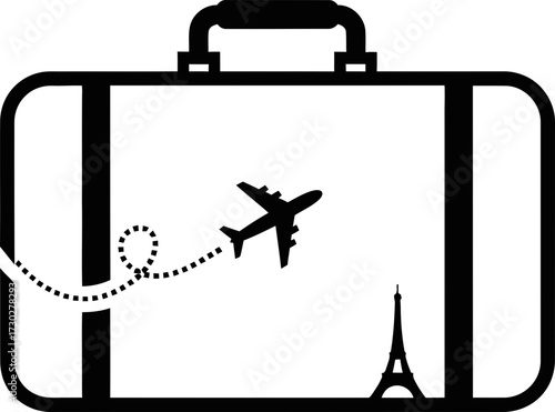 Travel baggage with airplane flying over eiffel tower, journey planning and world tourism. Holiday trip concept. Vector illustration symbol