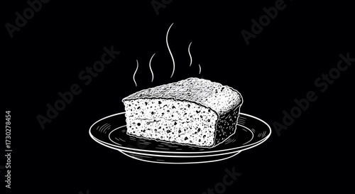 A hand-drawn, black and white illustration of a steaming hot slice of cornbread served on a plate.