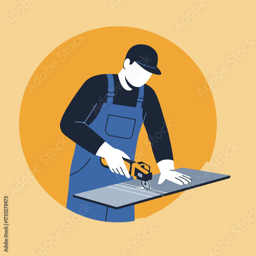 Worker cuts tile with tool, orange backdrop, blue overalls and hat