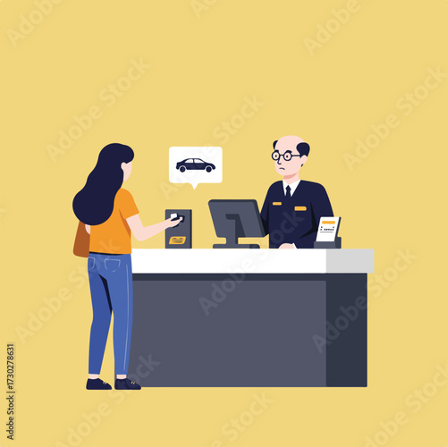 Woman at counter paying attendant for car parking, flat vector illustration