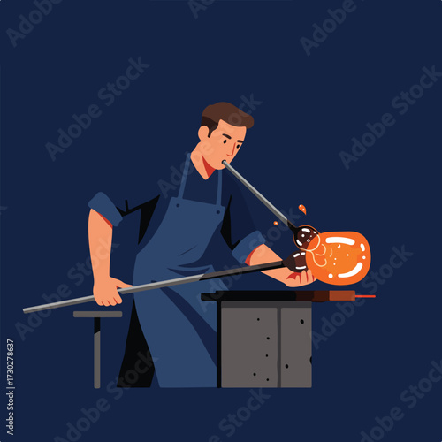 Glassblower shapes molten glass with a pipe on a stand, dark blue background