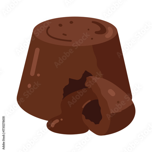 Dripping chocolate lava cake with a piece broken off