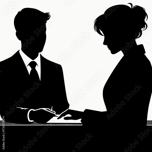 Silhouette of male banker with client discussing financial matters in business casual style on simple white background