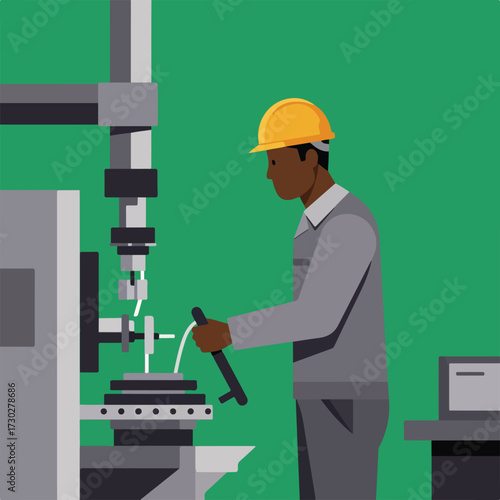 Flat illustration of a factory worker using a large machine on green background