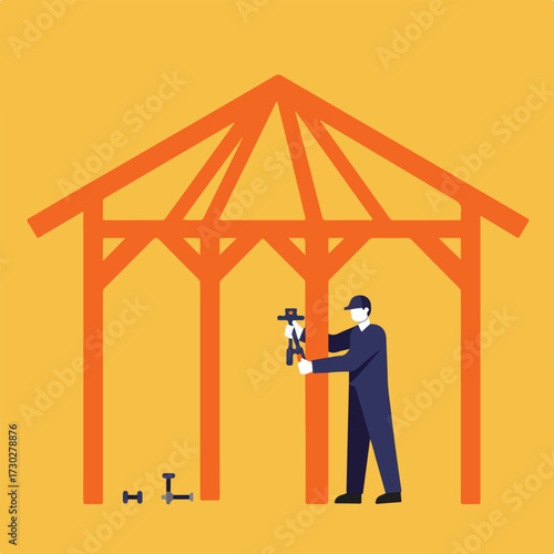 Builder using wrench to tighten structure on orange background in flat design