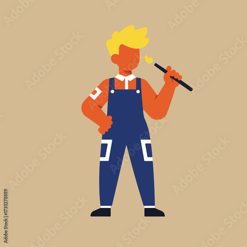 Cartoon painter with brush, overalls, blond hair, orange skin, on beige background