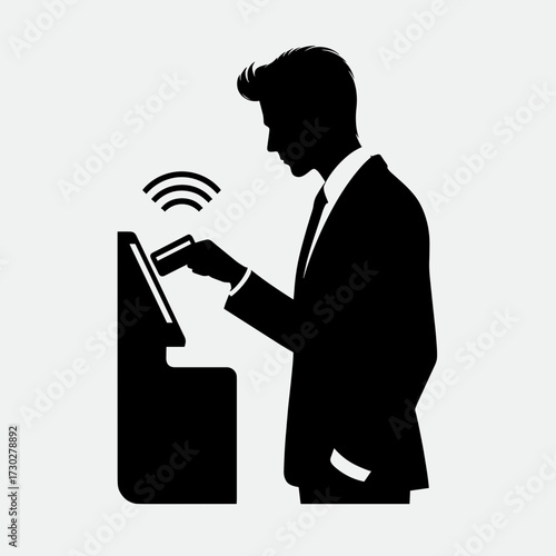 Businessman using contactless payment at kiosk in modern setting  