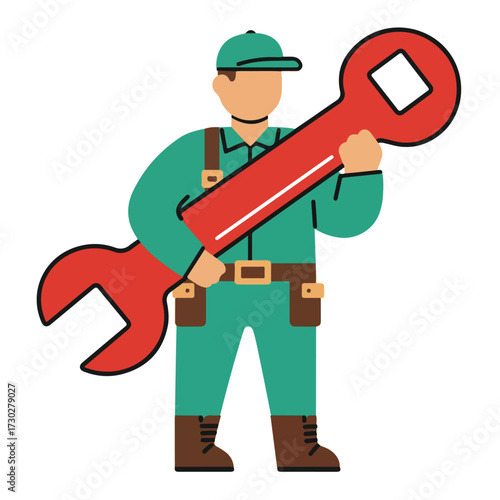 Cartoon tradesman holding a large red wrench