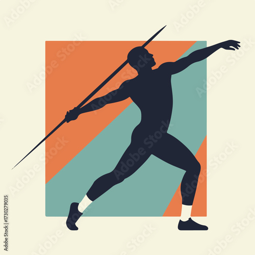 Javelin thrower silhouette against orange and teal backdrop, retro style