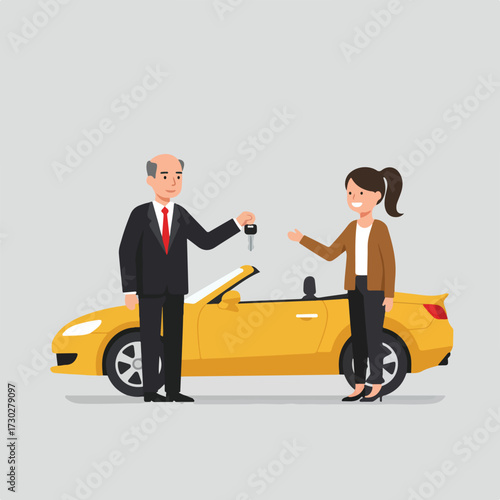 Man gives car keys to woman next to yellow convertible