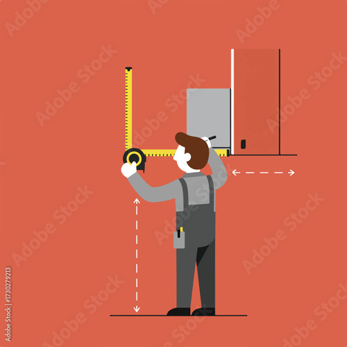 Man measuring cabinets with tape, arrows show height/width