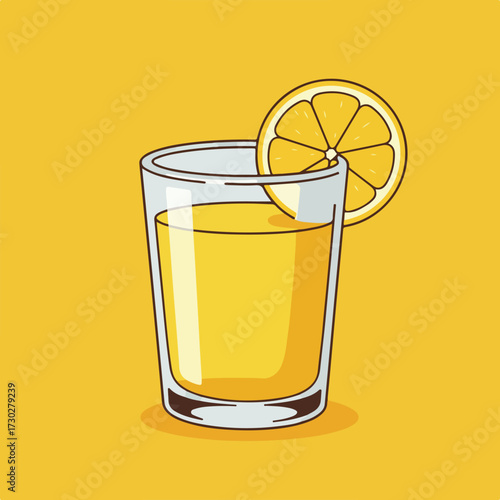 Cartoon glass of yellow liquid, garnished with an orange slice, on yellow