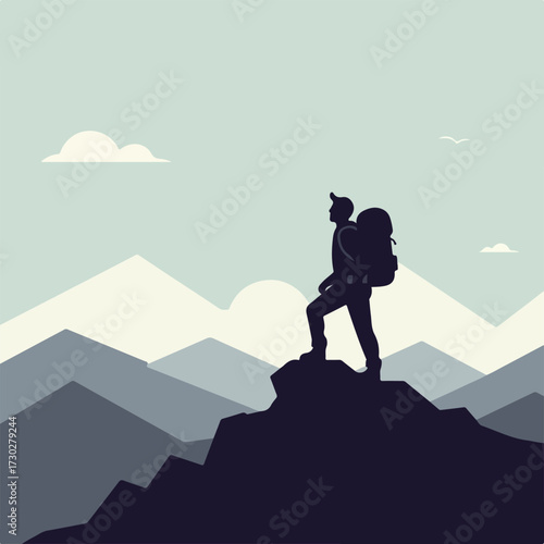 Minimalist hiker silhouette on a peak, gazing at mountains, light blue sky