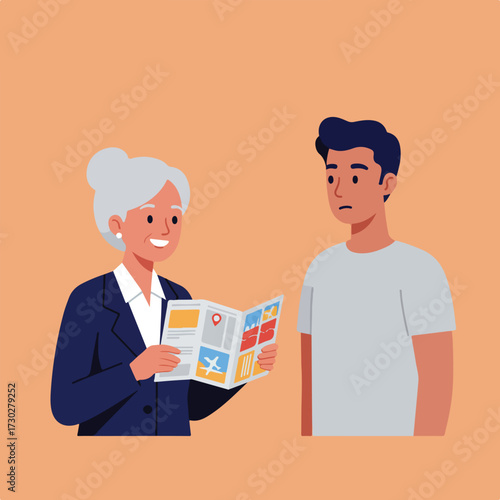 Lady sharing travel brochure to a blank faced man, on a light orange backdrop