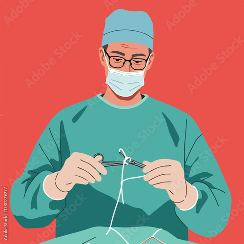 Surgeon tying a knot with forceps in teal gown and mask