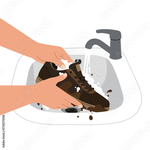 Hands clean a brown shoe with soapy water over a white sink and gray faucet