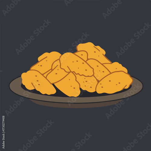 Golden nuggets on a plate, against dark gray background, cartoon illustration