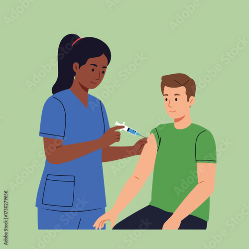 Vaccinator injecting male patient's arm, green background, flat art style