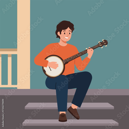 Man playing banjo sitting on steps, wearing orange shirt and blue pants