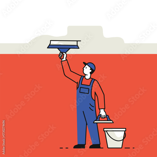 Man spreads spackle on ceiling, wearing overalls, with bucket nearby