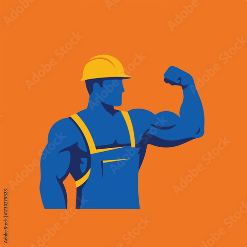 Blue worker with hardhat flexing arm on orange