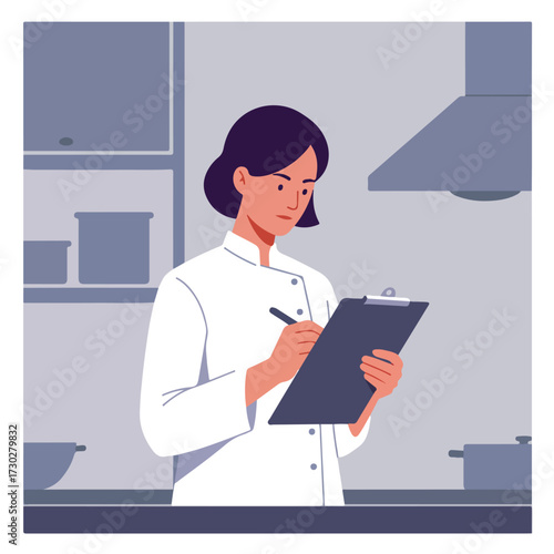 Woman in chef's coat writes on clipboard in a kitchen