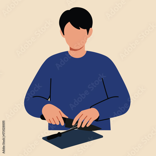 Faceless person using knife and sharpener on cutting board, flat design