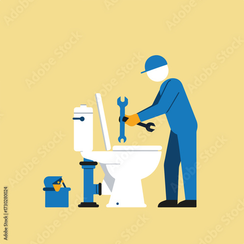 Plumber repairs toilet with wrenches. Flat, geometric, vector illustration