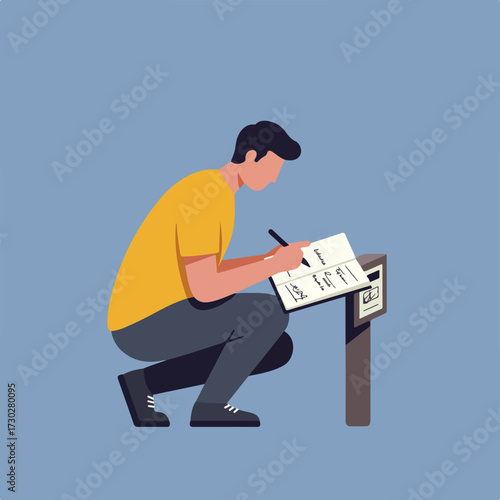 Squatting man writes on notebook propped on stand