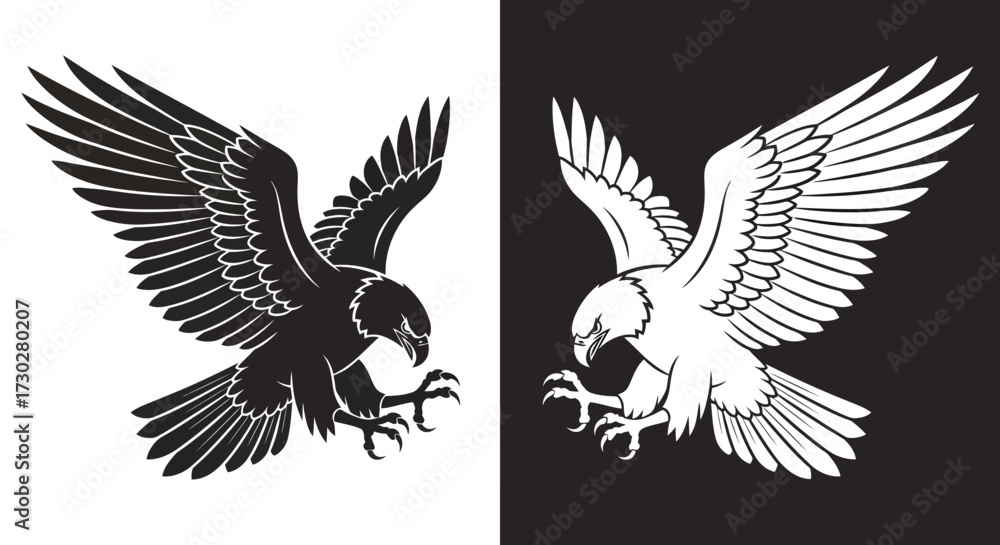 Fototapeta premium Two stylized eagles in black and white, a positive and negative design showing the birds of prey with wings spread.