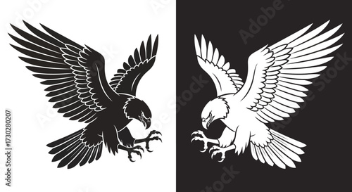Two stylized eagles in black and white, a positive and negative design showing the birds of prey with wings spread.