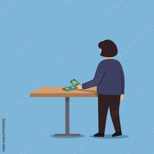 Person counting green money on a table against a light blue background