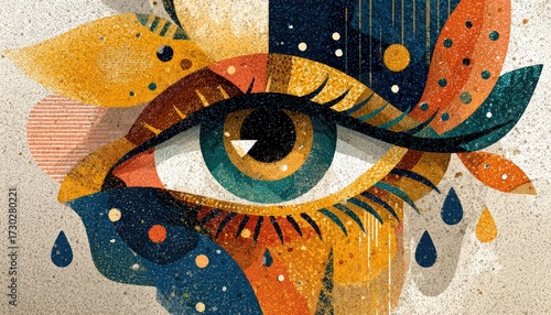 Eye adorned with abstract floral & geometric shapes