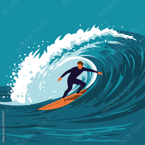 Surfer riding a large turquoise wave, depicted in a flat, graphic art style