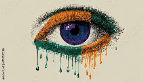 Close-up eye, vibrant colors, dripping paint