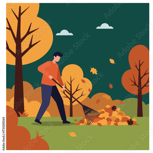 Fall cleanup Man raking autumn leaves on lawn under trees and cloudy sky