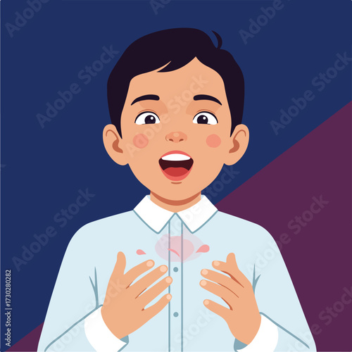 Boy with stain on shirt, surprised expression, dark hair against split background