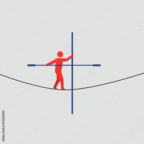 Red figure balancing on a tightrope with blue balance pole over grey background