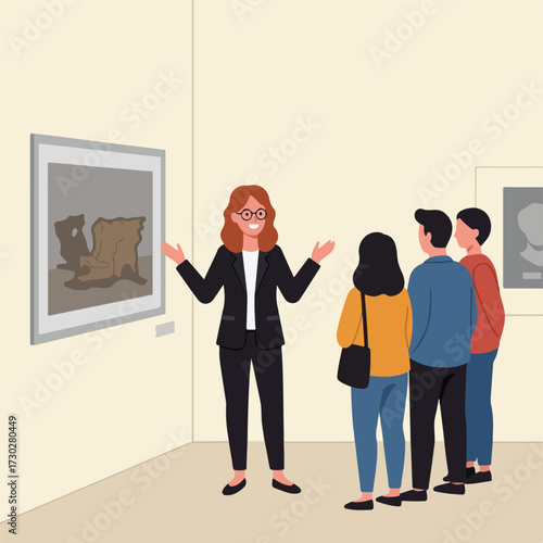 Art gallery tour, guide presents abstract painting to small group of visitors