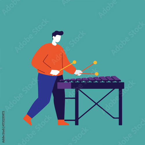 Person in orange playing a xylophone against a teal background