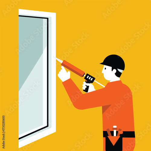 Worker caulking window frame against a yellow wall, flat vector illustration