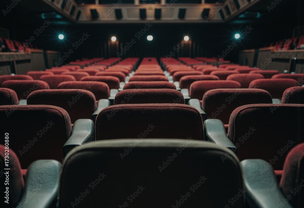 Fototapeta premium Concert hall seating area featuring rows of red chairs and stage equipment