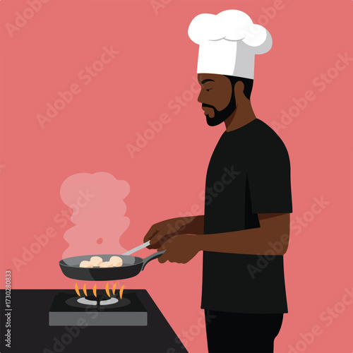 Cook stirs food in a frying pan over burner