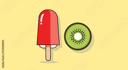 A bright red popsicle sits next to a sliced kiwi fruit on a plain yellow background.