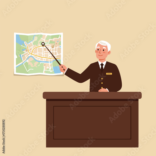Elderly man at lectern points to map with pointer