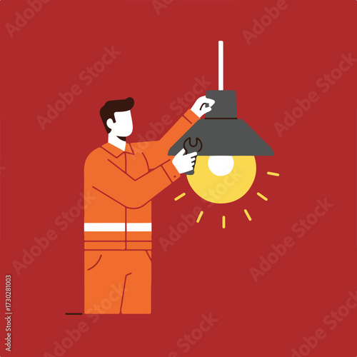 Man in orange overalls repairing a hanging lamp, red background